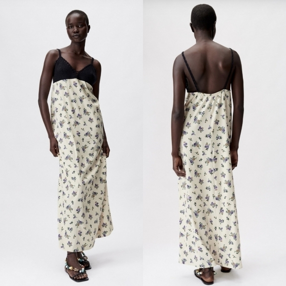 New Zara Floral Satin Printed Crochet Cream Maxi Tank Dress Cottagecore Small - Picture 4 of 14
